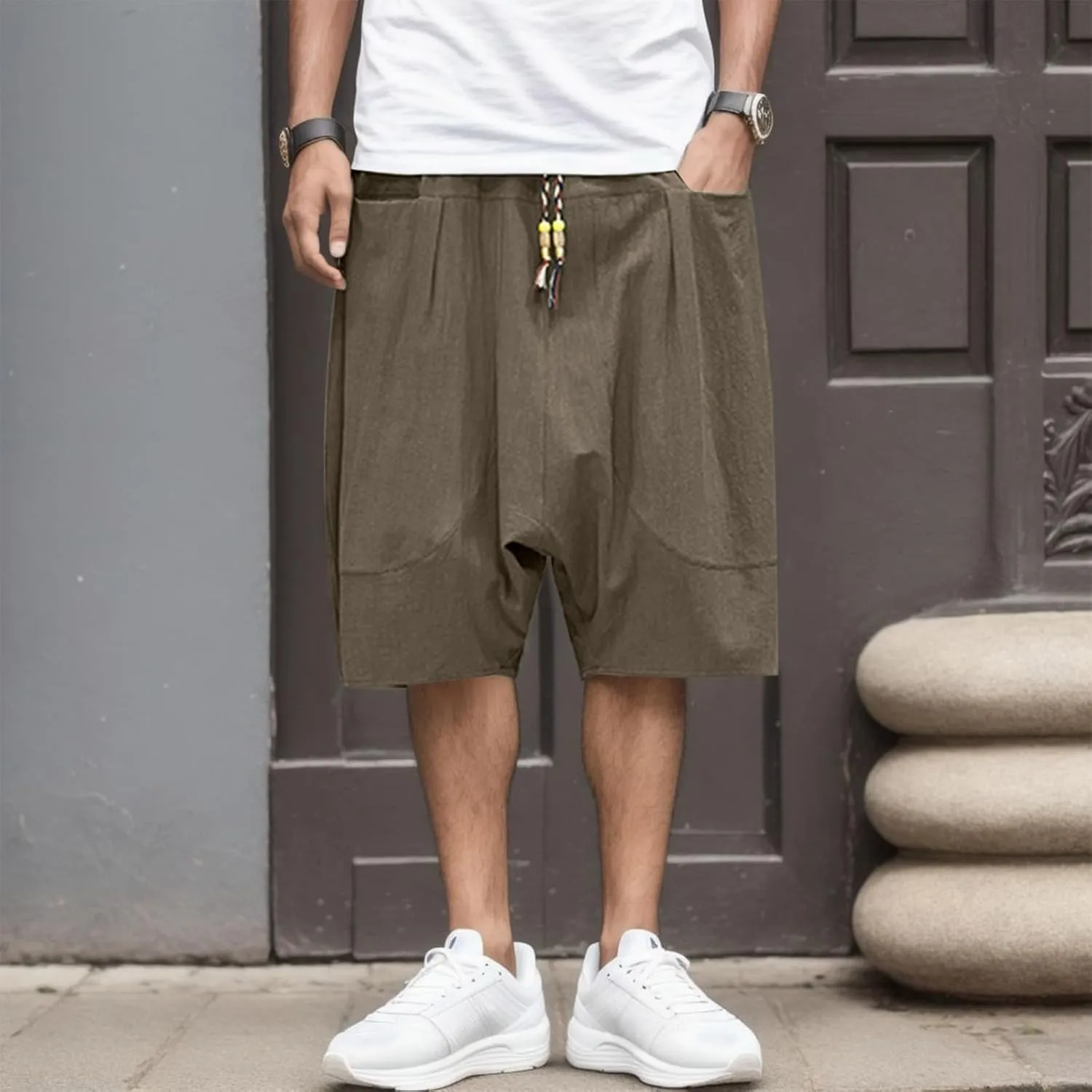 Mens Casual Shorts Elastic Waist Drawstring Shorts Stretch Summer Beach Shorts with Pockets