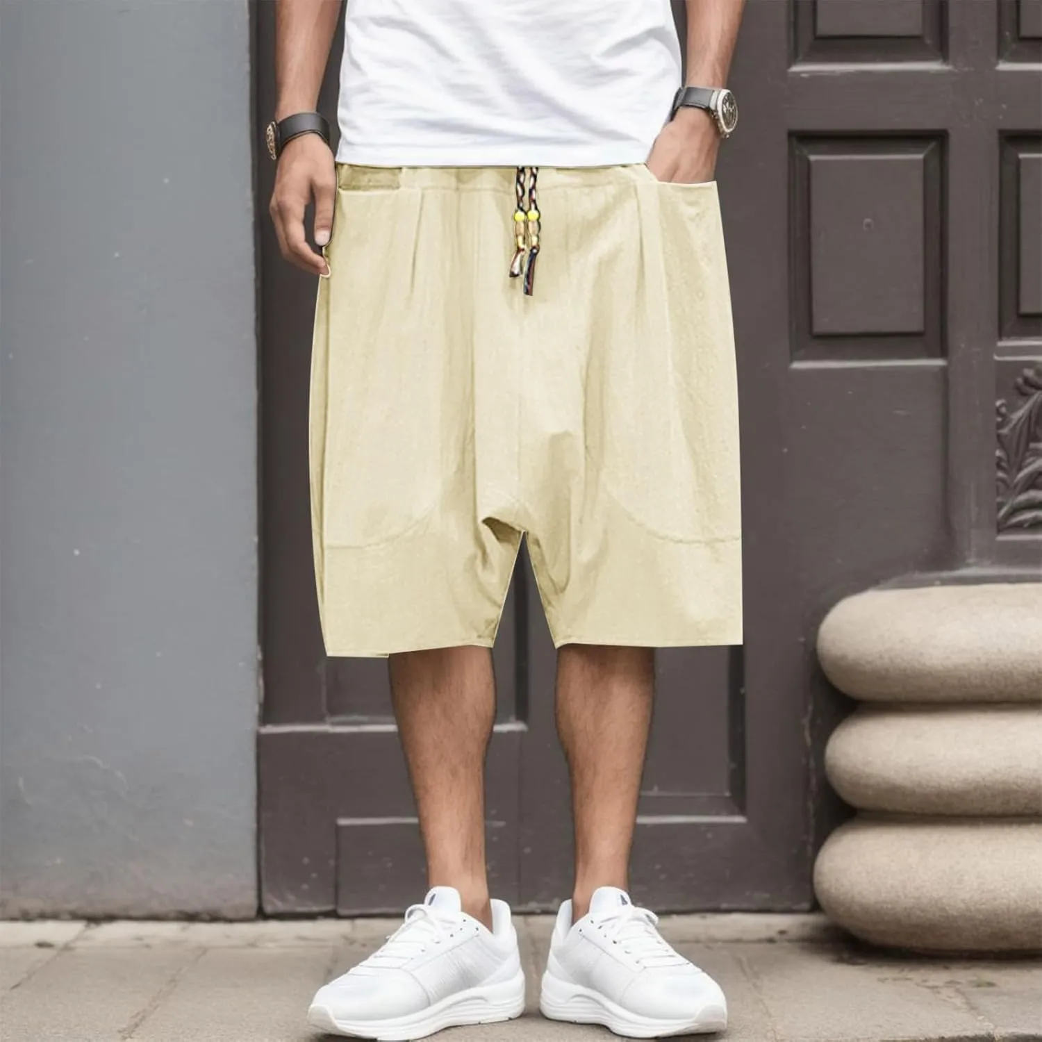 Mens Casual Shorts Elastic Waist Drawstring Shorts Stretch Summer Beach Shorts with Pockets