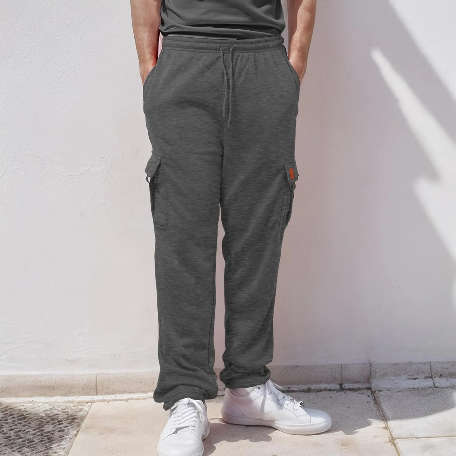 Men's Casual Sweatpants Drawstring Baggy Wide Straight Leg Relaxed Fit Overalls Multi-Pocket Trousers
