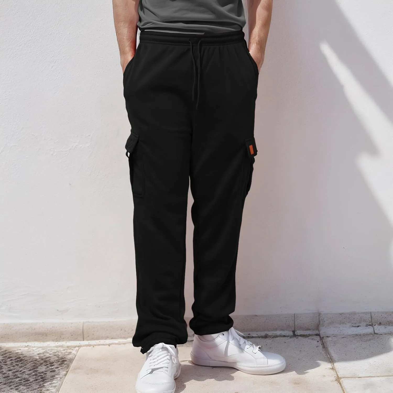 Men's Casual Sweatpants Drawstring Baggy Wide Straight Leg Relaxed Fit Overalls Multi-Pocket Trousers