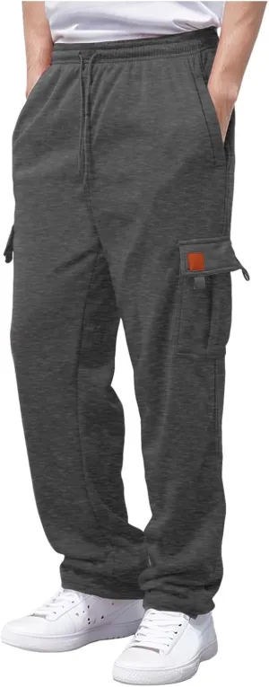Men's Casual Sweatpants Drawstring Baggy Wide Straight Leg Relaxed Fit Overalls Multi-Pocket Trousers