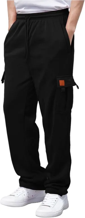 Men's Casual Sweatpants Drawstring Baggy Wide Straight Leg Relaxed Fit Overalls Multi-Pocket Trousers