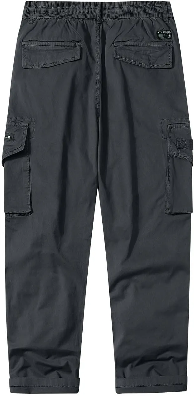 Men's Cotton Pants Casual Cargo Pants with Multi Pocket Drawstring Hiking Pants Outdoor Joggers Fishing Trouser