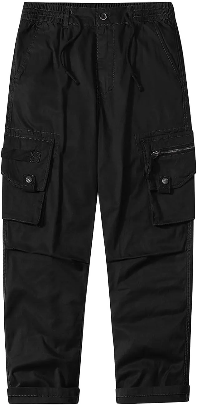 Men's Cotton Pants Casual Cargo Pants with Multi Pocket Drawstring Hiking Pants Outdoor Joggers Fishing Trouser