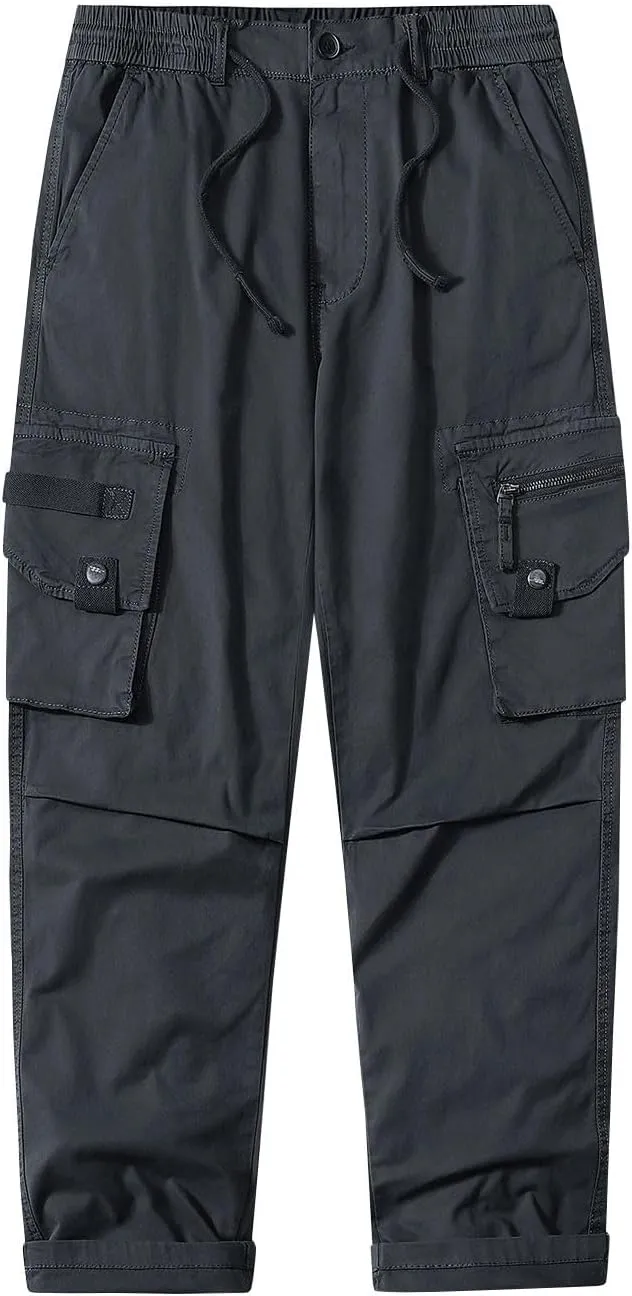 Men's Cotton Pants Casual Cargo Pants with Multi Pocket Drawstring Hiking Pants Outdoor Joggers Fishing Trouser