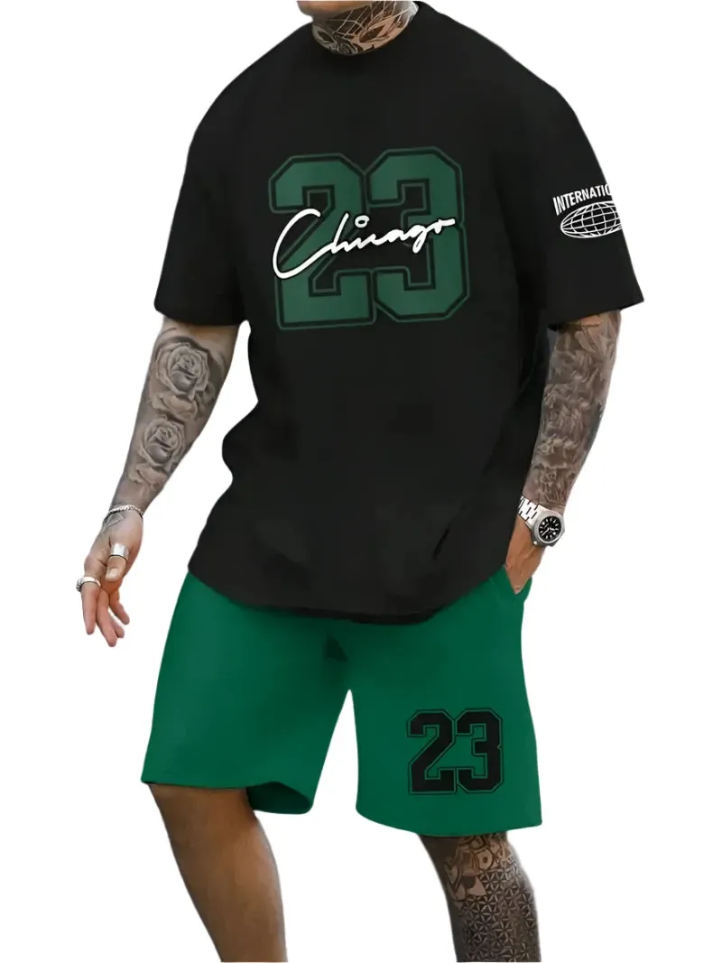 Men's Harajuku Streetwear Set - Summer Loose Fit Short-Sleeve Shirt & Casual Shorts Two-Piece with Digital Print