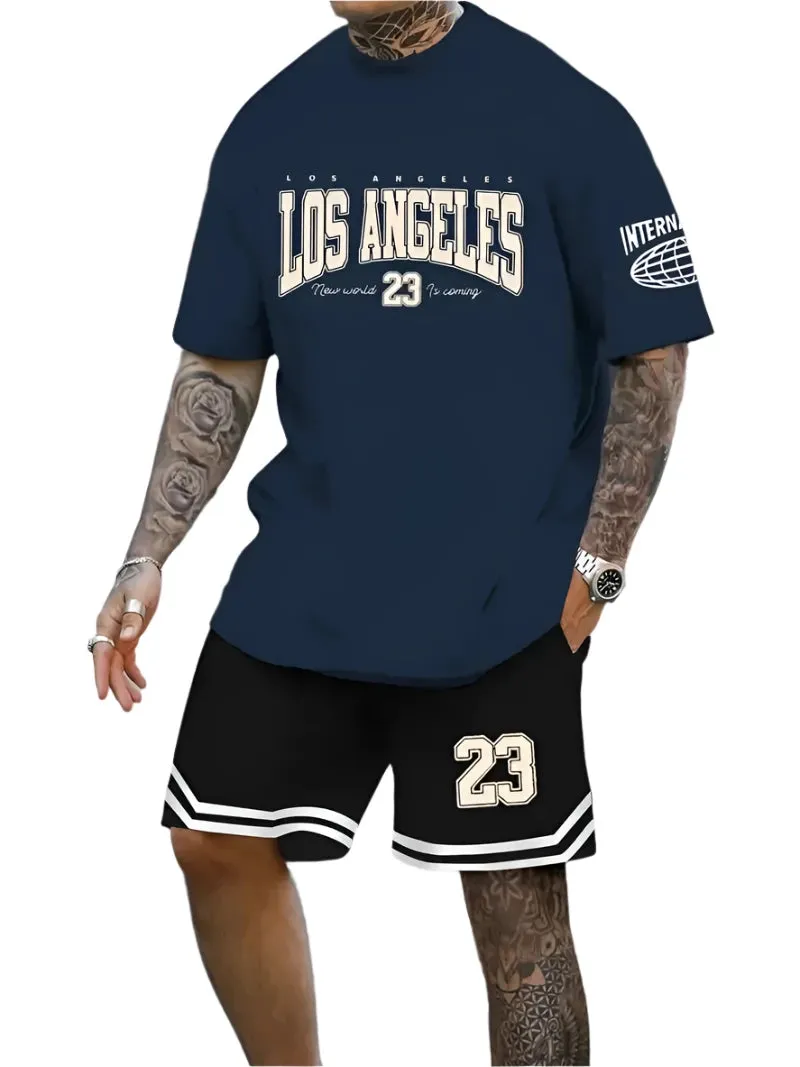 Men's Harajuku Streetwear Set - Summer Loose Fit Short-Sleeve Shirt & Casual Shorts Two-Piece with Digital Print