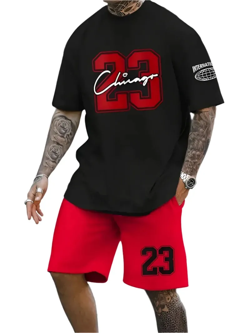 Men's Harajuku Streetwear Set - Summer Loose Fit Short-Sleeve Shirt & Casual Shorts Two-Piece with Digital Print