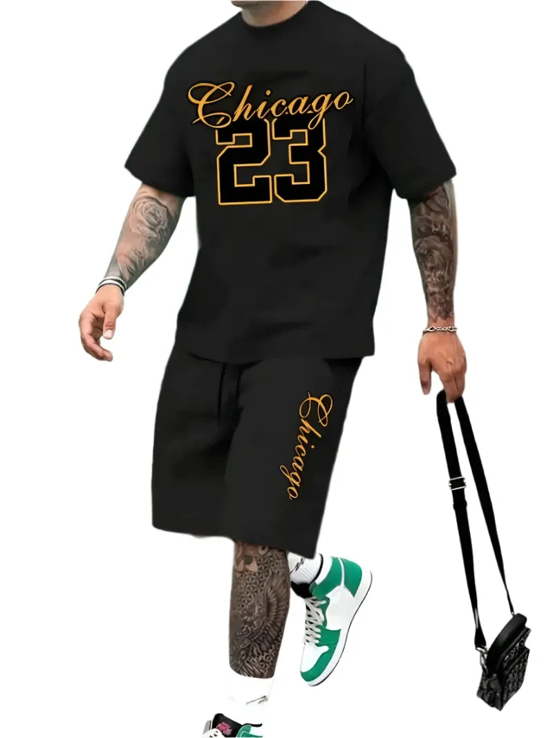 Men's Harajuku Streetwear Set - Summer Loose Fit Short-Sleeve Shirt & Casual Shorts Two-Piece with Digital Print