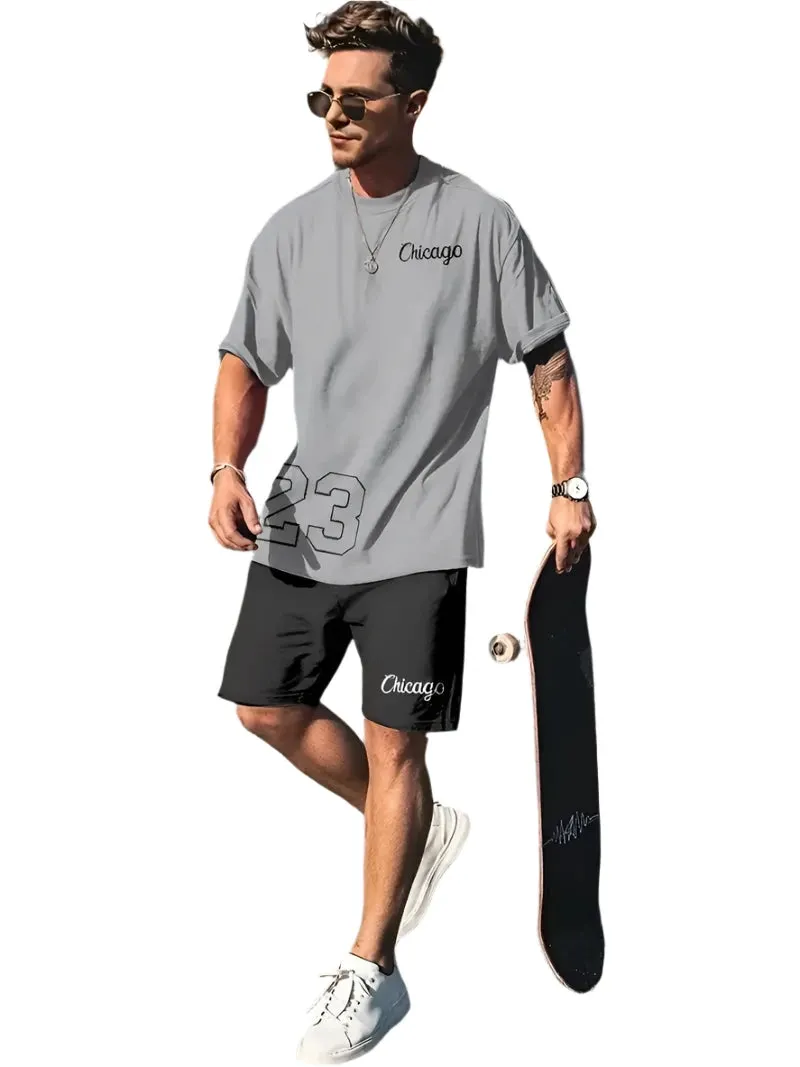 Men's Harajuku Streetwear Set - Summer Loose Fit Short-Sleeve Shirt & Casual Shorts Two-Piece with Digital Print