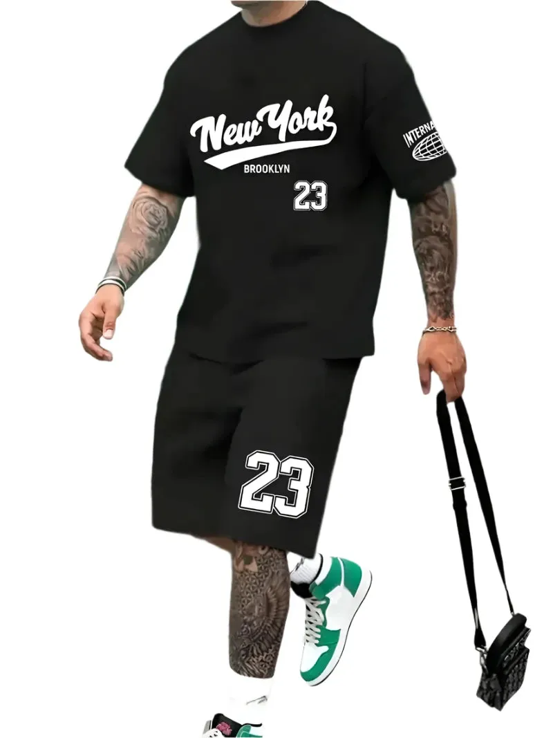 Men's Harajuku Streetwear Set - Summer Loose Fit Short-Sleeve Shirt & Casual Shorts Two-Piece with Digital Print