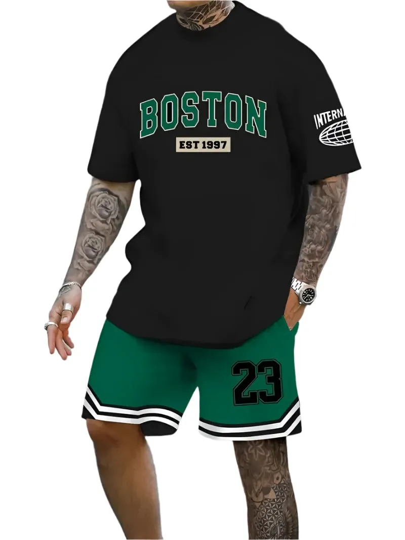 Men's Harajuku Streetwear Set - Summer Loose Fit Short-Sleeve Shirt & Casual Shorts Two-Piece with Digital Print