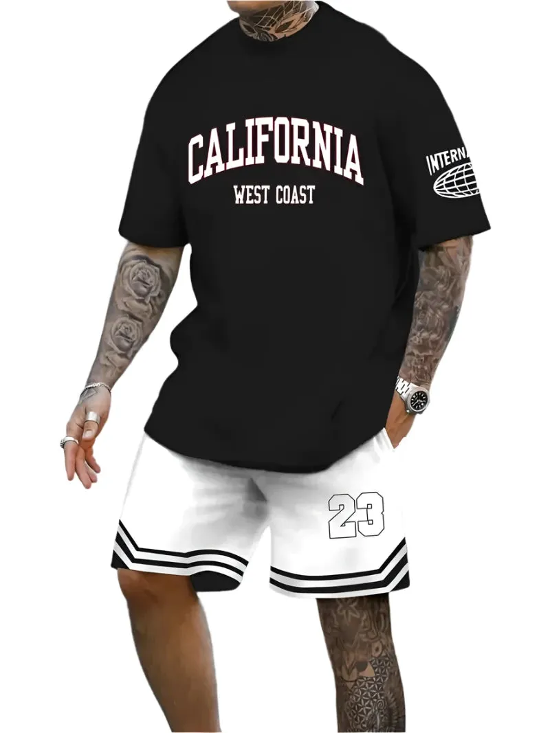 Men's Harajuku Streetwear Set - Summer Loose Fit Short-Sleeve Shirt & Casual Shorts Two-Piece with Digital Print