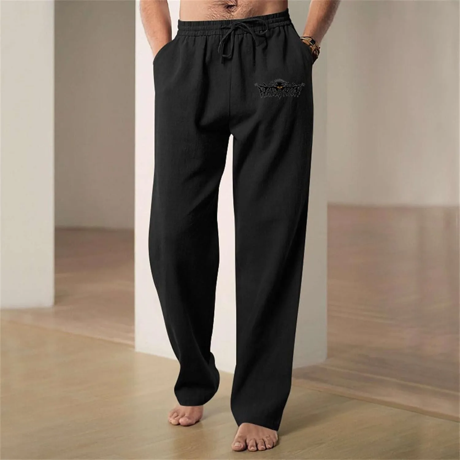 Mens Heavyweight Fleece Cargo Sweatpants Cotton and Linen Pocket Elastic Waist Large Hiking Outdoor Twill Track Pants