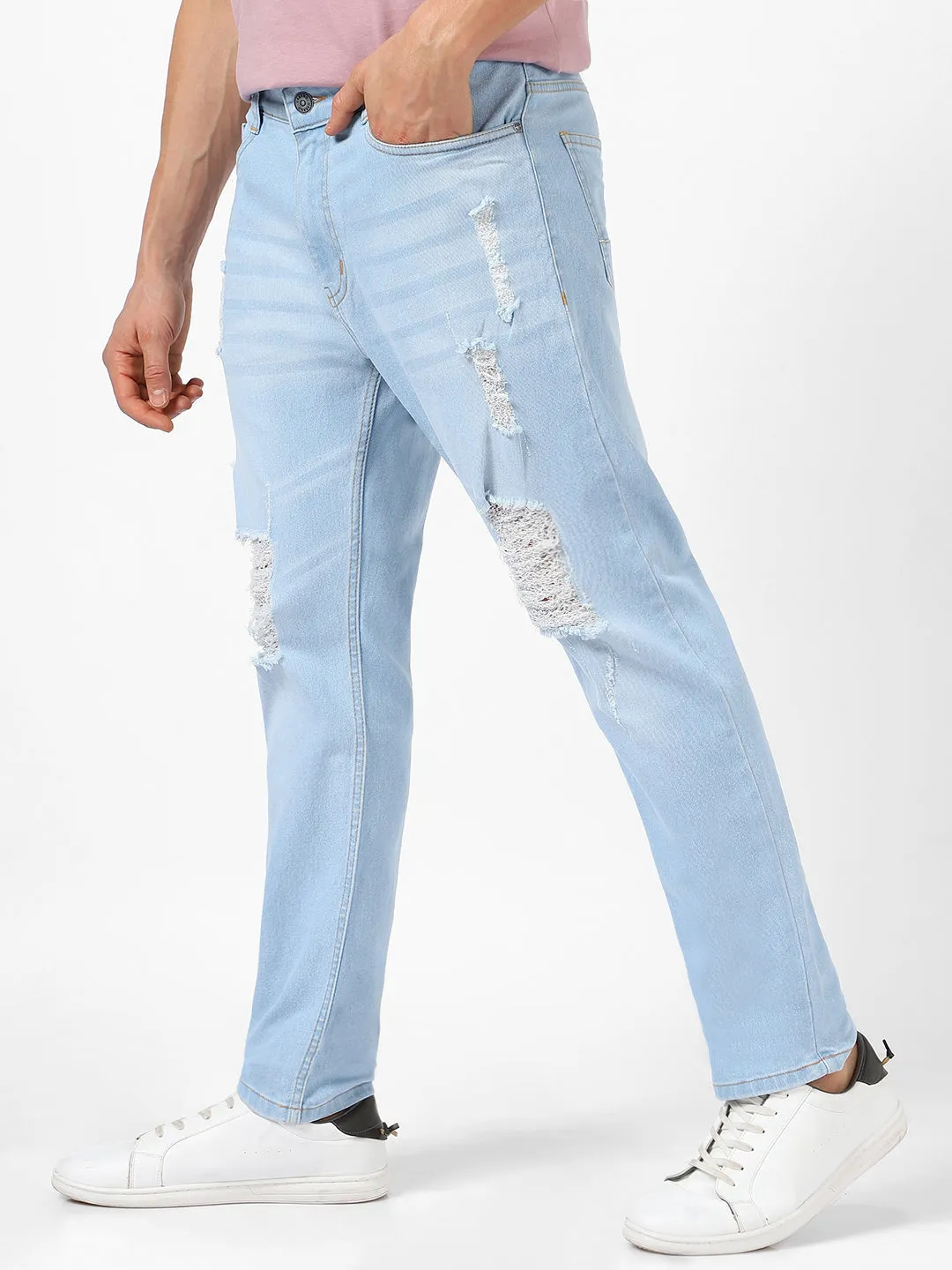 Men's Ice Blue Slim Fit Heavy Distressed/Torn Jeans