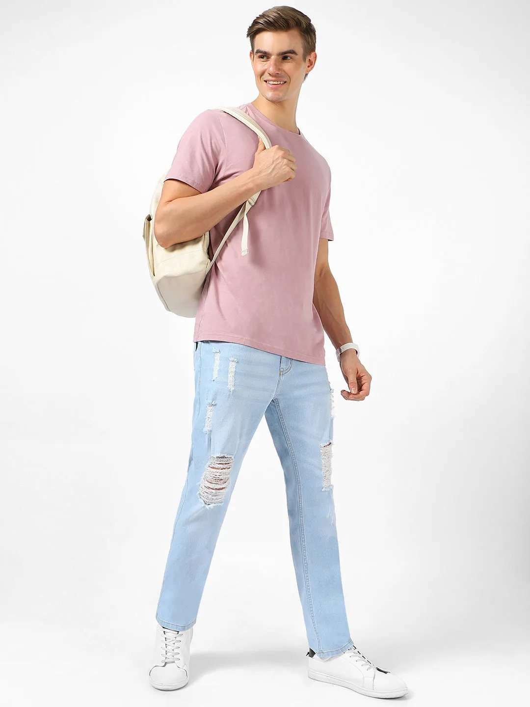 Men's Ice Blue Slim Fit Heavy Distressed/Torn Jeans