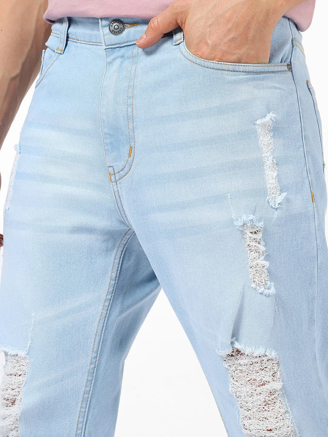 Men's Ice Blue Slim Fit Heavy Distressed/Torn Jeans