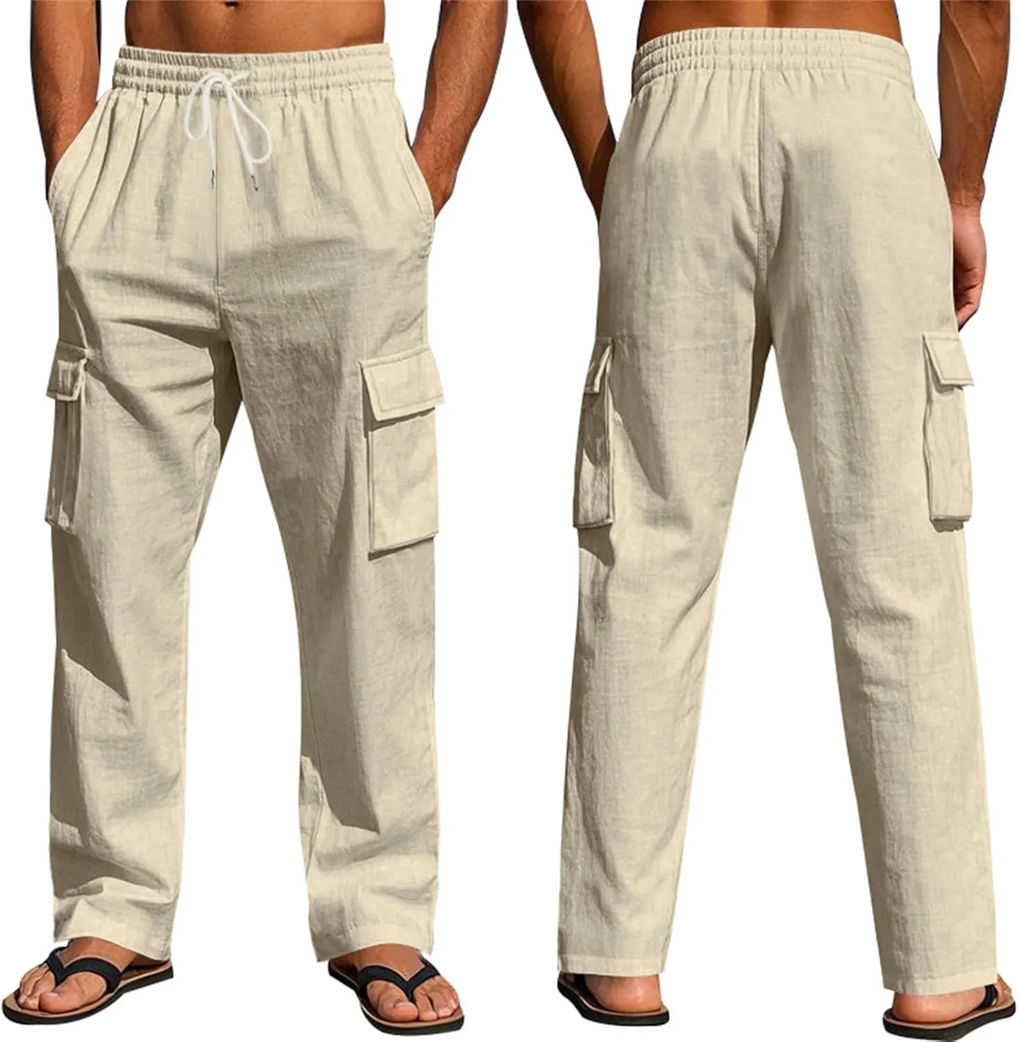 Mens Linen Cargo Pants Relaxed Fit Drawstring Waist Beach Pants with Pockets Casual Summer Lightweight Trousers