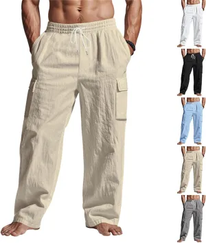 Mens Linen Cargo Pants Relaxed Fit Drawstring Waist Beach Pants with Pockets Casual Summer Lightweight Trousers