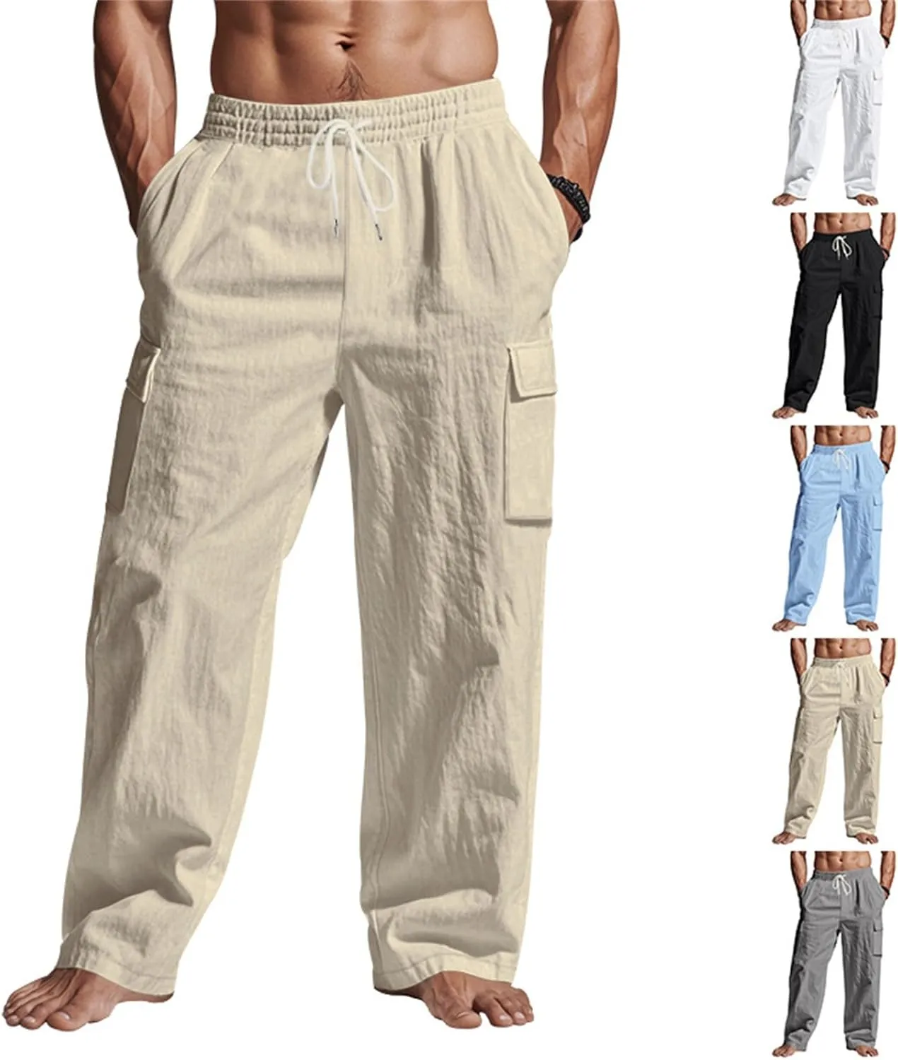 Mens Linen Cargo Pants Relaxed Fit Drawstring Waist Beach Pants with Pockets Casual Summer Lightweight Trousers