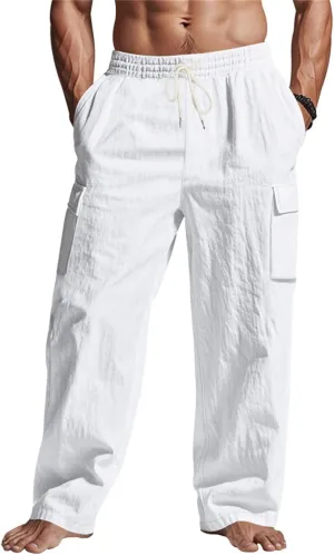 Mens Linen Cargo Pants Relaxed Fit Drawstring Waist Beach Pants with Pockets Casual Summer Lightweight Trousers