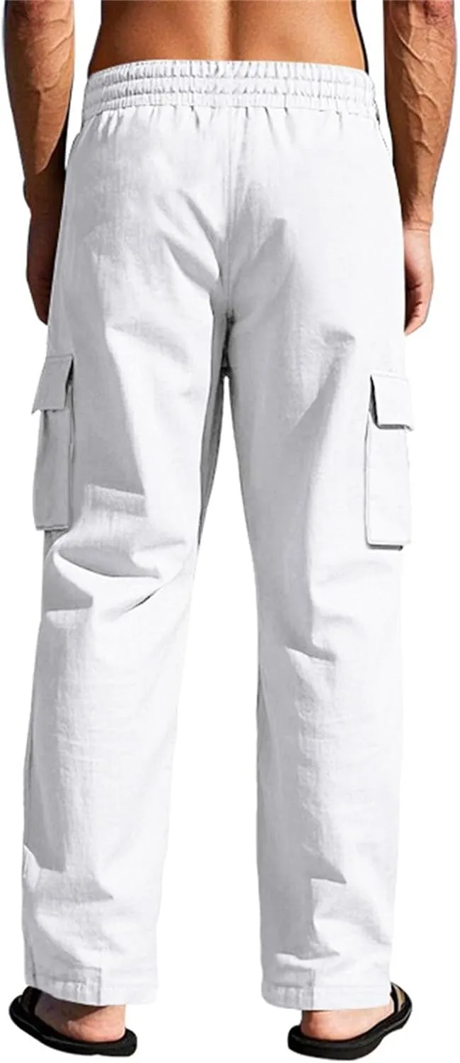 Mens Linen Cargo Pants Relaxed Fit Drawstring Waist Beach Pants with Pockets Casual Summer Lightweight Trousers