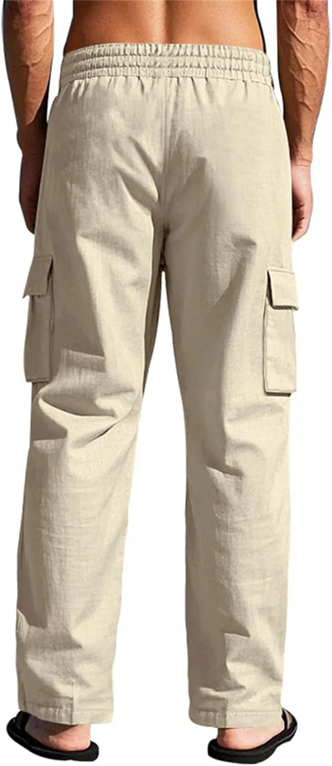 Mens Linen Cargo Pants Relaxed Fit Drawstring Waist Beach Pants with Pockets Casual Summer Lightweight Trousers