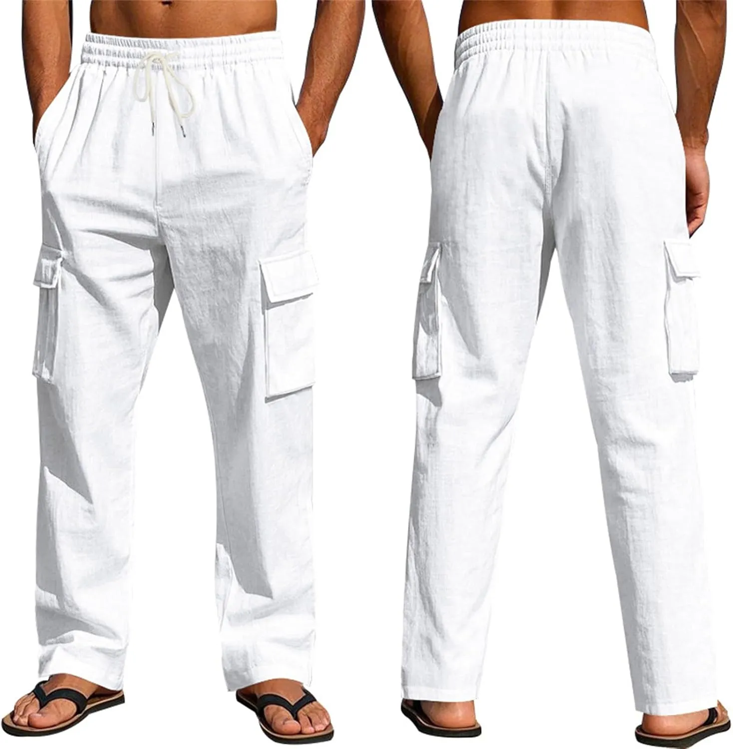 Mens Linen Cargo Pants Relaxed Fit Drawstring Waist Beach Pants with Pockets Casual Summer Lightweight Trousers