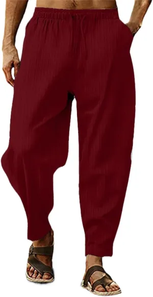 Mens Linen Cotton Drawstring Pants Elastic Waist Drawstring Casual Striped Trousers Trend Hippie Hip Hop Streetwear for Men