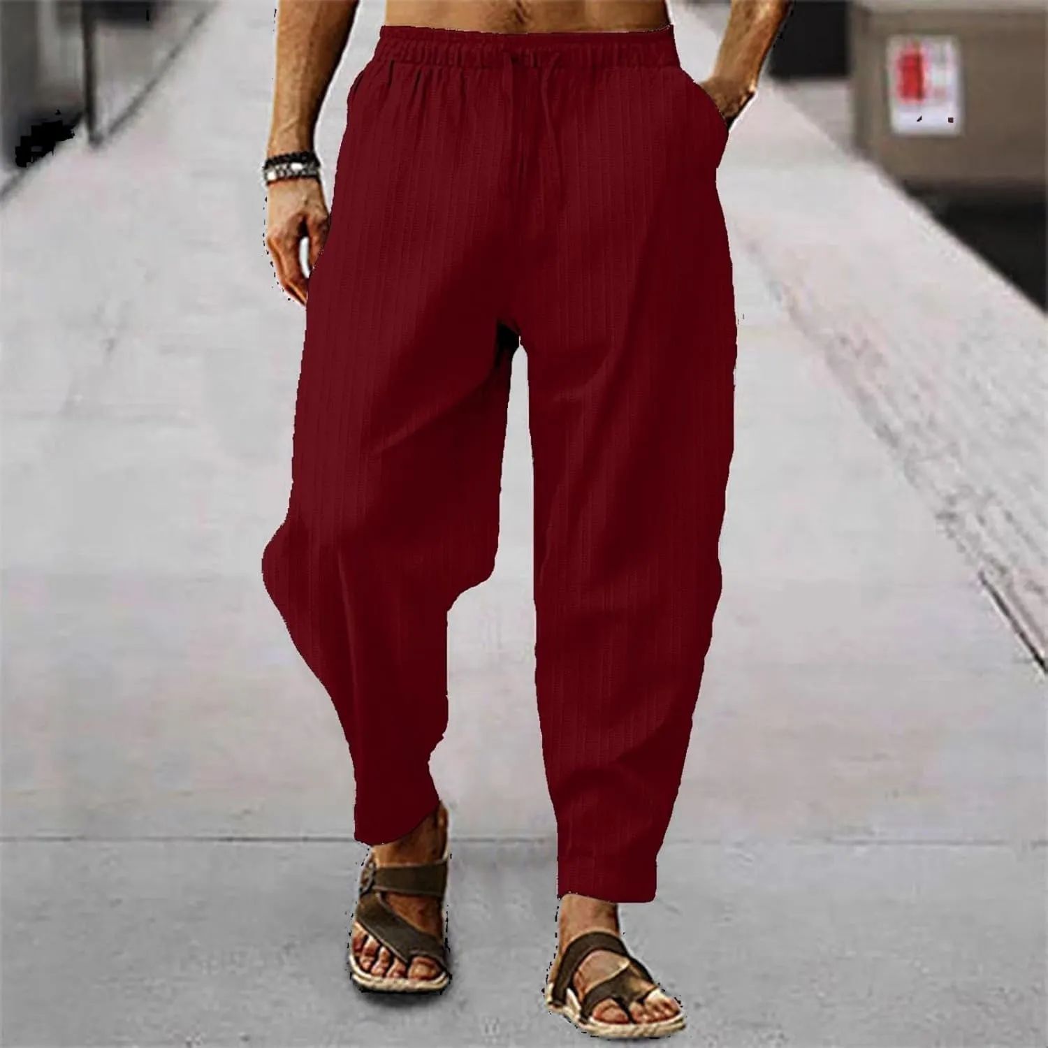 Mens Linen Cotton Drawstring Pants Elastic Waist Drawstring Casual Striped Trousers Trend Hippie Hip Hop Streetwear for Men