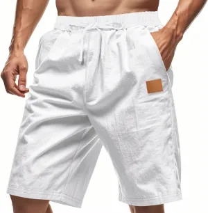 Men's Linen Shorts Loose Fit Solid Color Elastic Waist Drawstring LightweightSummer Beach Shorts