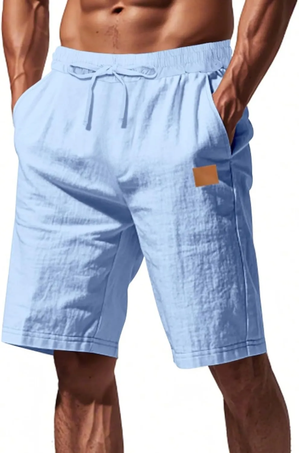 Men's Linen Shorts Loose Fit Solid Color Elastic Waist Drawstring LightweightSummer Beach Shorts
