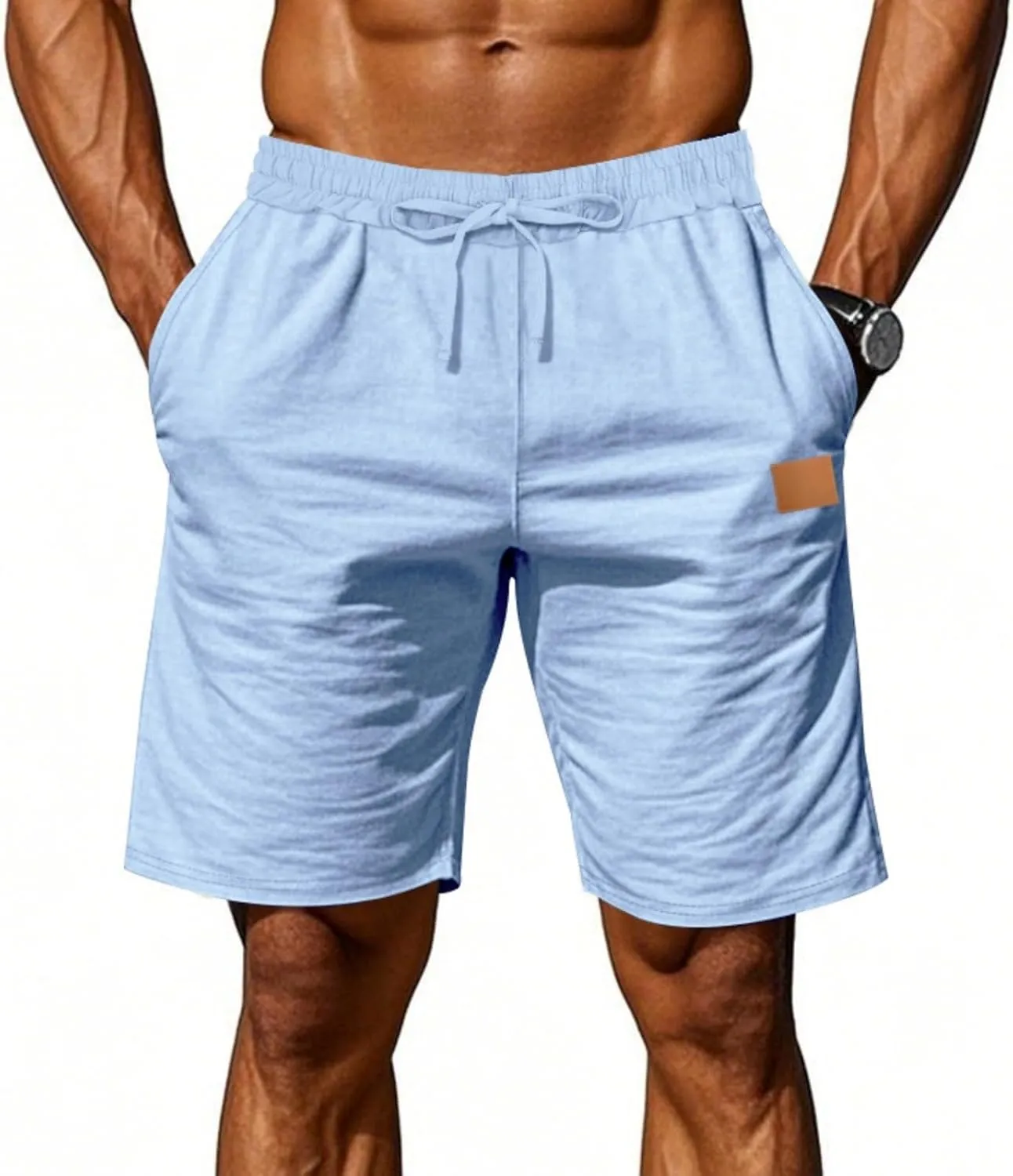 Men's Linen Shorts Loose Fit Solid Color Elastic Waist Drawstring LightweightSummer Beach Shorts