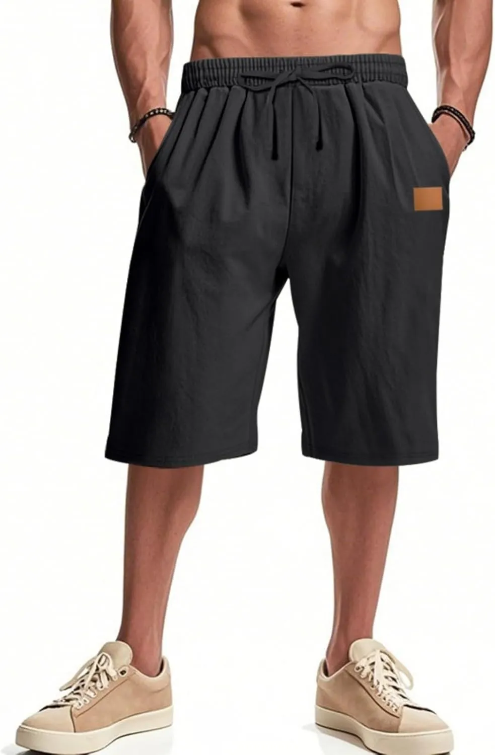 Men's Linen Shorts Loose Fit Solid Color Elastic Waist Drawstring LightweightSummer Beach Shorts