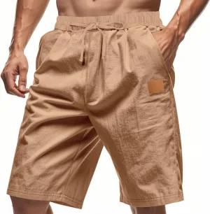 Men's Linen Shorts Loose Fit Solid Color Elastic Waist Drawstring LightweightSummer Beach Shorts