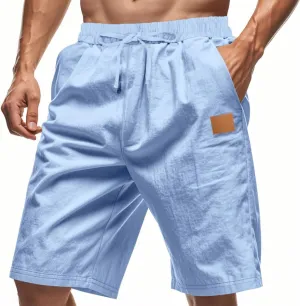 Men's Linen Shorts Loose Fit Solid Color Elastic Waist Drawstring LightweightSummer Beach Shorts