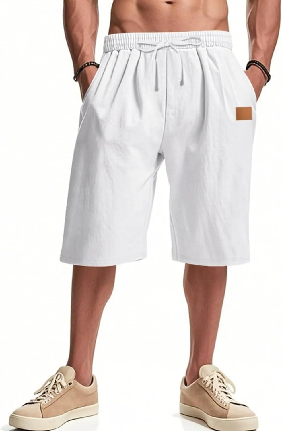 Men's Linen Shorts Loose Fit Solid Color Elastic Waist Drawstring LightweightSummer Beach Shorts