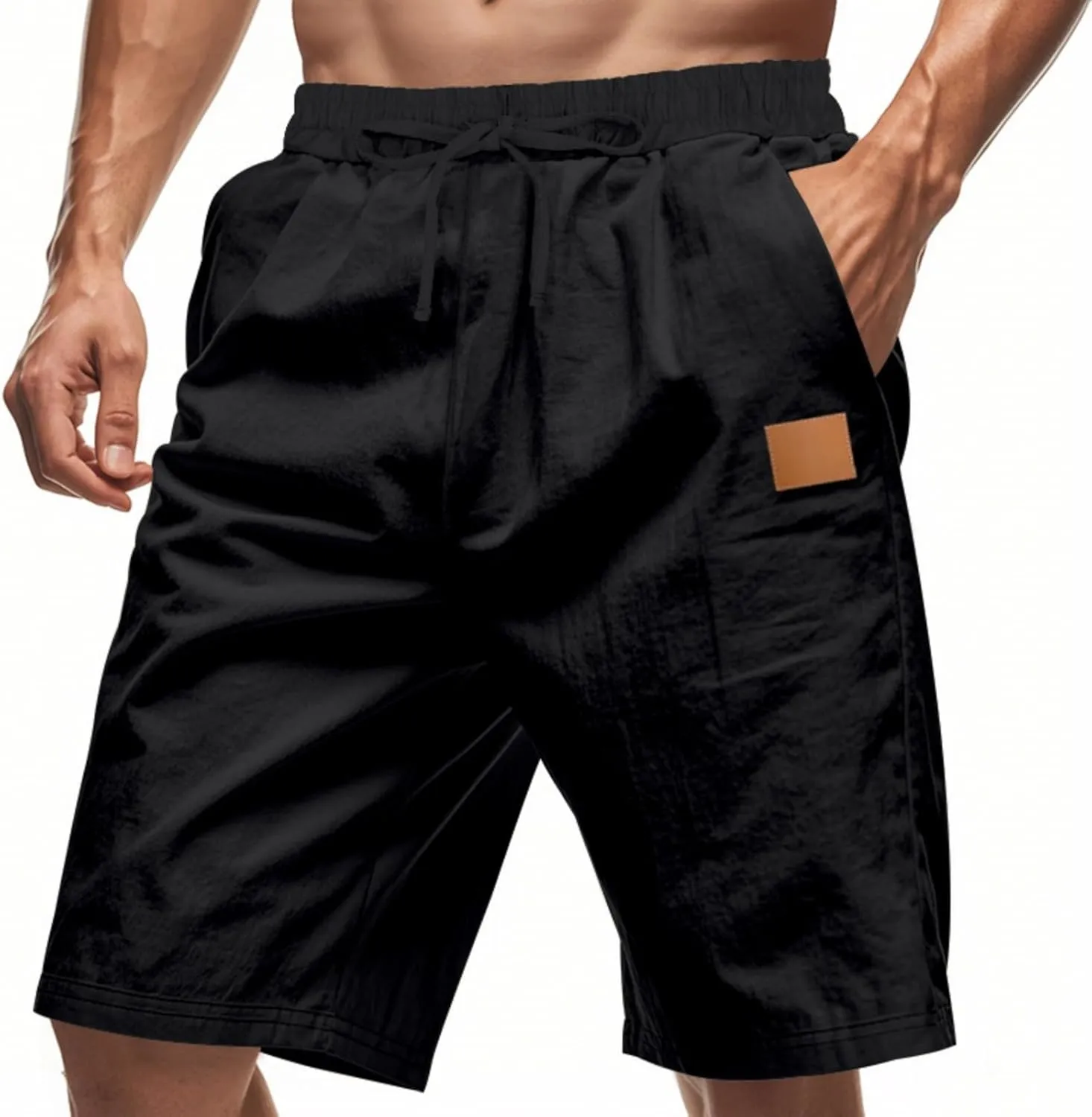 Men's Linen Shorts Loose Fit Solid Color Elastic Waist Drawstring LightweightSummer Beach Shorts
