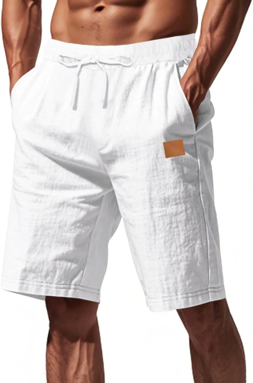 Men's Linen Shorts Loose Fit Solid Color Elastic Waist Drawstring LightweightSummer Beach Shorts