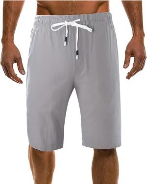 Men's Linen Summer Shorts Elastic Waist Drawstring Summer Beach Shorts