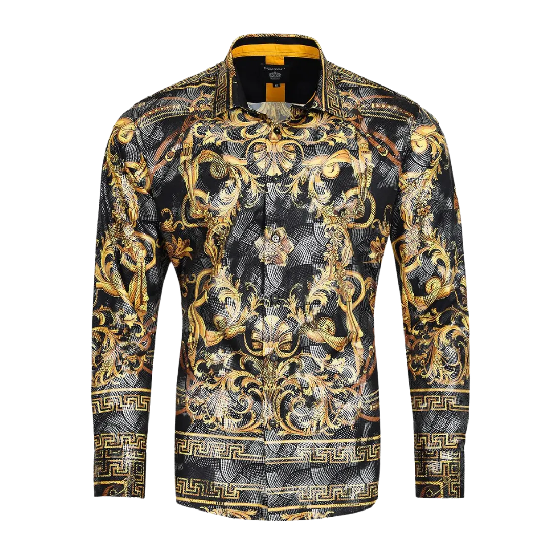 Men's Long Sleeve Button Down Dress Shirt Black Gold Tribal Geometric