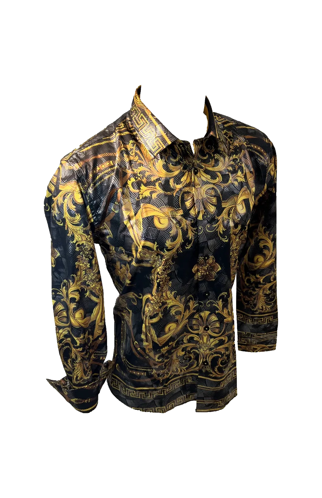 Men's Long Sleeve Button Down Dress Shirt Black Gold Tribal Geometric