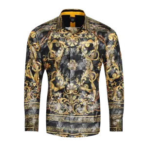 Men's Long Sleeve Button Down Dress Shirt Black Gold Tribal Geometric