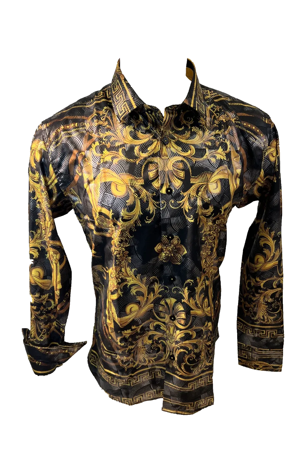 Men's Long Sleeve Button Down Dress Shirt Black Gold Tribal Geometric