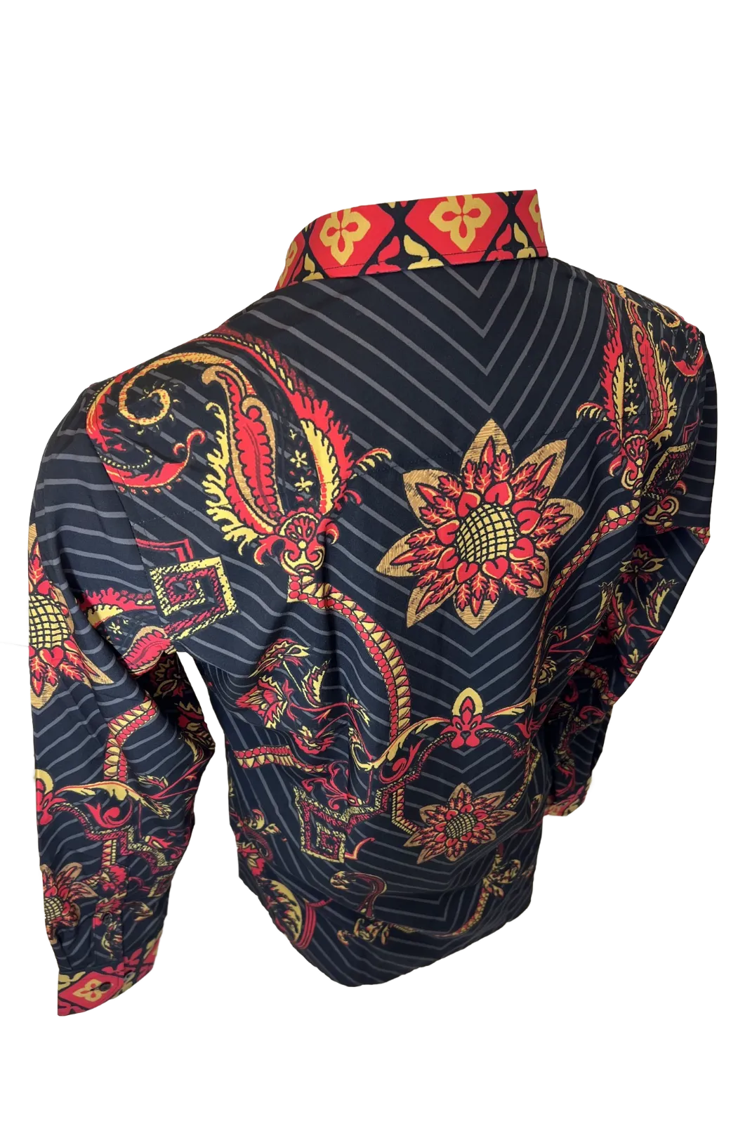 Men's Long Sleeve Button Down Dress Shirt Black Red Gold Geometric Floral Tribal