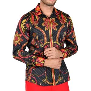 Men's Long Sleeve Button Down Dress Shirt Black Red Gold Geometric Floral Tribal