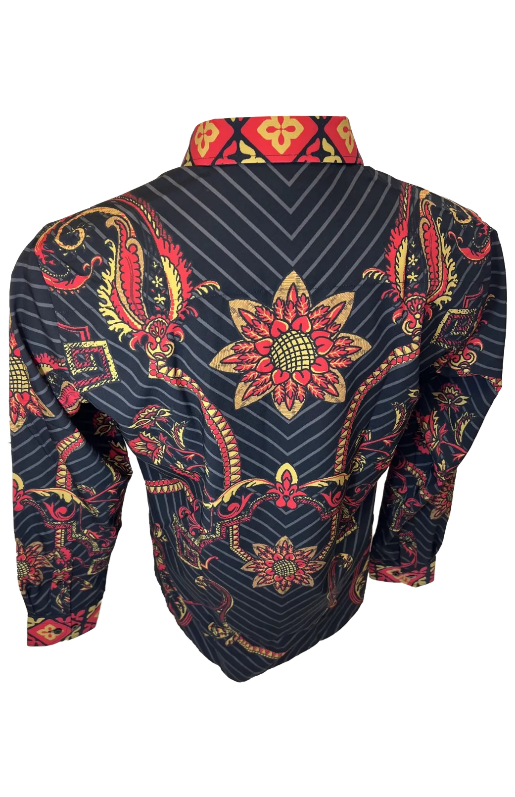 Men's Long Sleeve Button Down Dress Shirt Black Red Gold Geometric Floral Tribal