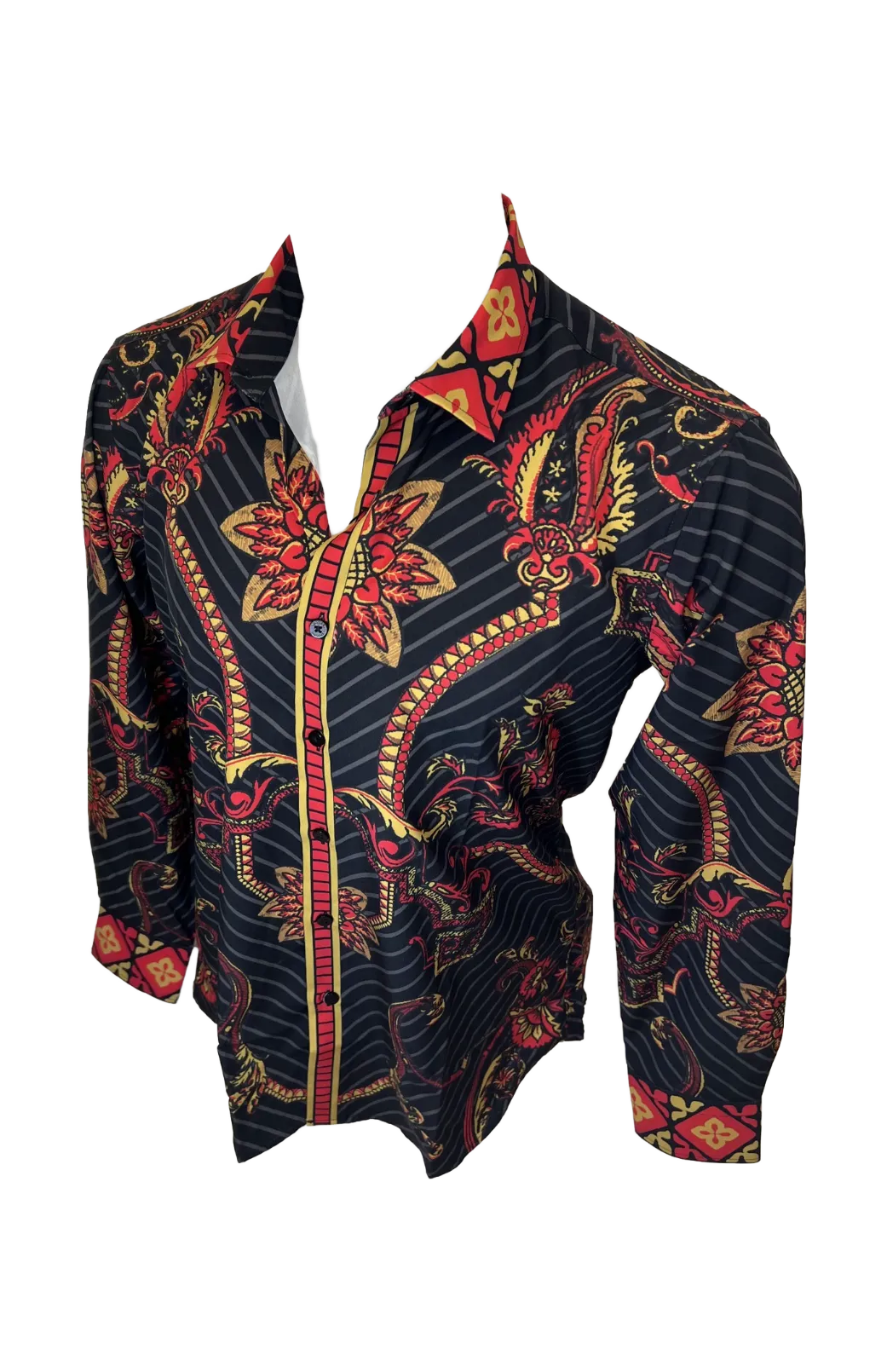 Men's Long Sleeve Button Down Dress Shirt Black Red Gold Geometric Floral Tribal