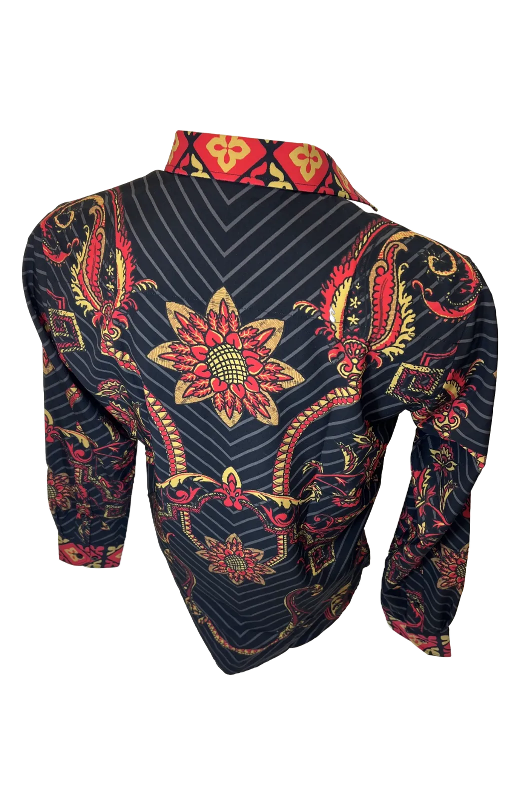 Men's Long Sleeve Button Down Dress Shirt Black Red Gold Geometric Floral Tribal