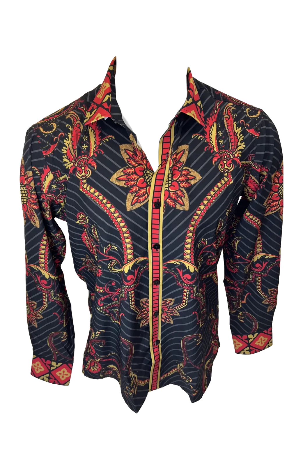 Men's Long Sleeve Button Down Dress Shirt Black Red Gold Geometric Floral Tribal